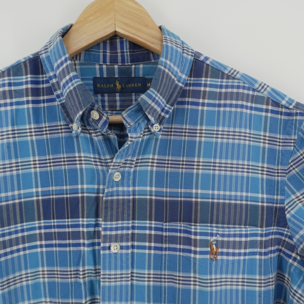 Ralph Lauren Button Down Shirt Mens M Blue Plaid Short Sleeve Cotton Pony Logo